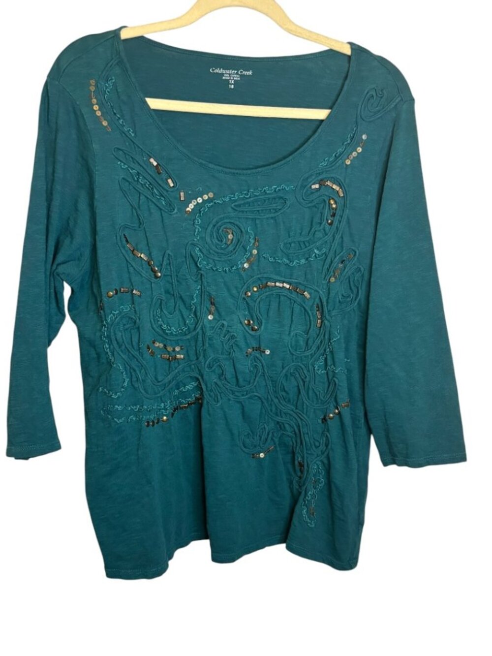 Coldwater Creek Blouse Women's 1X Embroidered Office Career Outdoor Green